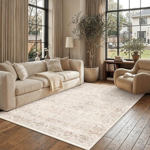 Beige 6x9 Non-Slip Vintage Bedroom Area Rug - Washable & Stain-Resistant