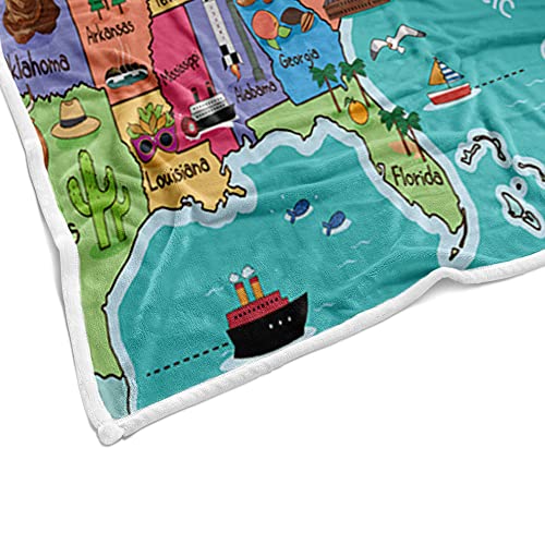 Kids USA Throw Blanket, Fun Facts Geography Camping Blankets and Throws for Bed, Animal Map Fleece Flannel Blanket for Sofa Couch Girls Boys Children Room Decor,50X60in