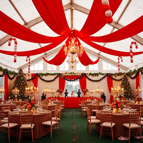 Party Village Red Ceiling Drapes 2 Panels 5ft x 20ft - Bright Red Festive Decor