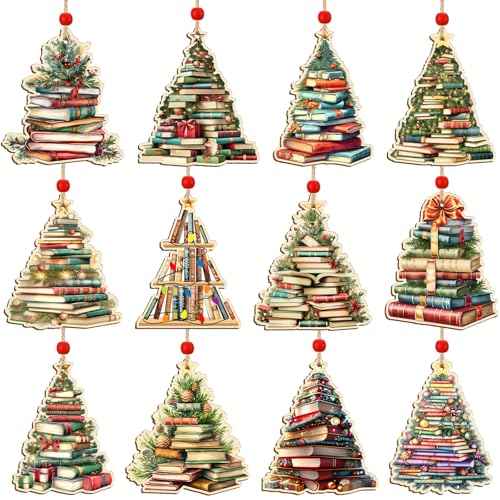 12 Pcs Christmas Tree Ornament Book Lovers Gifts Christmas Decoration Wooden Crafts 3D Design Hanging Decor for Xmas Decoration (Book Shaped)