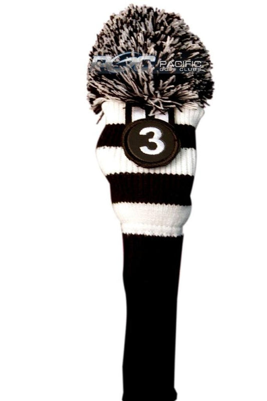 Majek #3 Hybrid Rescue Utility Black & White Golf Headcover Knit Pom Pom Retro Classic Vintage Head Cover