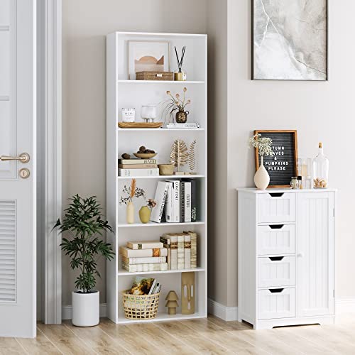 FOTOSOK 6-Tier Tall White Bookshelf with Open Display Shelves - Stable, Stylish Storage