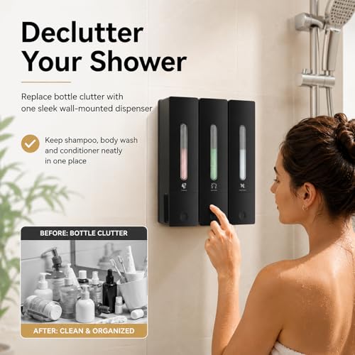 Wall-Mounted Shampoo and Conditioner Dispenser Set - No-Drill 1200ML Capacity - Black 3-Pack