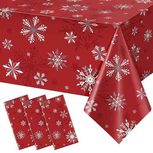 3 Pack Red Christmas Snowflake Plastic Tablecloth Decorations, Red and White Snowflake Christmas Disposable Table Cover for Winter Christmas Holiday New Year Party Supplies Decorations, 54 x 108 Inch
