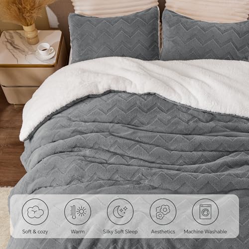 BEDELITE Fluffy Sherpa Queen Comforter Set - Grey, Embossed Floral Design