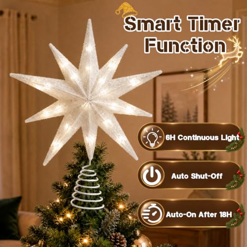 White 13-Inch Silver 10-Point Christmas Tree Topper with 20 LED Lights