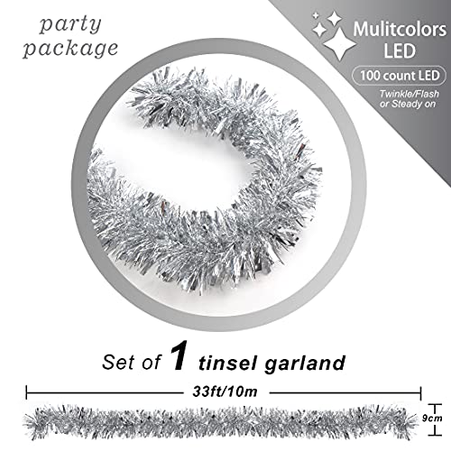 CCINEE DK217S1P1 Christmas Prelit Tinsel Garland 33ft Silver with 100 LED Lights