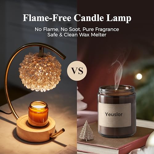 Yeuslor Gold Candle Warmer Lamp with Adjustable Brightness & Timer, Handcrafted Crystal & Wooden Base, C-Shaped Home Decor