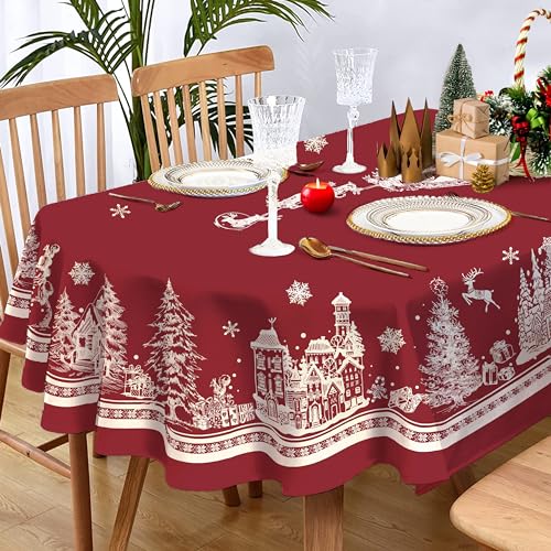 Oval Red Christmas Tablecloth 60 x 102 in — Waterproof Polyester for Holiday Dining, Yighty