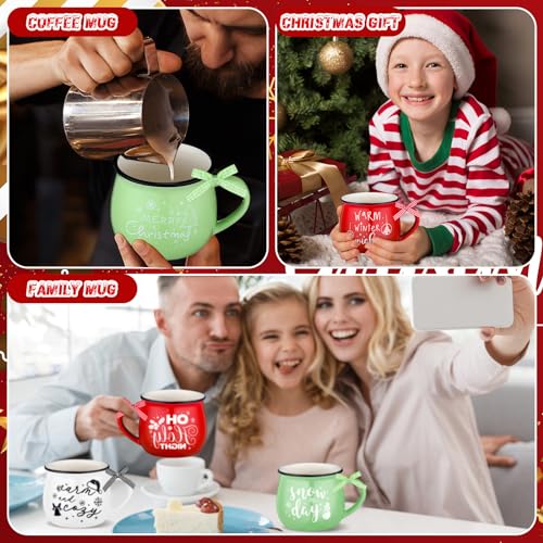 12oz Christmas Mugs Set - 12 Ceramic Coffee Cups in Red, Green & White