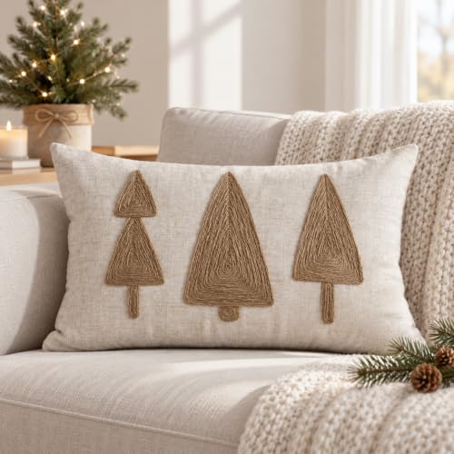 VANNCIO 20x12 Inch Jute Embroidered Christmas Tree Lumbar Pillow Cover - Pack of 1