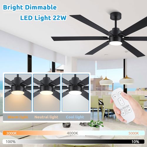Black 66 Inch Outdoor Ceiling Fan with Light & Remote - Damp Rated