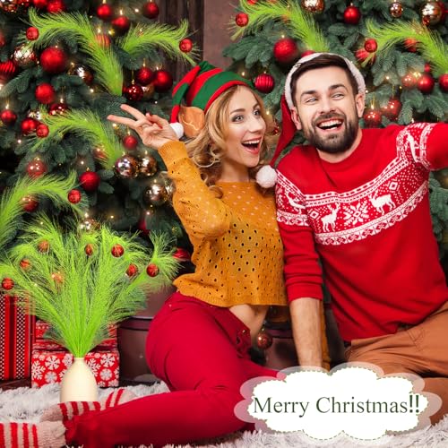 8 Pcs Christmas Tree Topper 17'' Lime Green Curly Tree Picks and Sprays with Red Ball Xmas Artificial Green Greenery Stems for Christmas Home Wreath Craft Vase Fillers Decoration Supplies