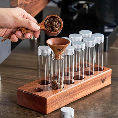 Coffee Bean Storage Tubes Set with Wooden Stand & Funnel - Airtight Glass Vials for Espresso & Filter Coffee, 10 Pieces