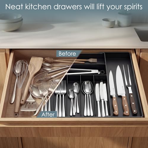 Black Expandable Silverware Drawer Organizer with 9 Slots - CCWOFF