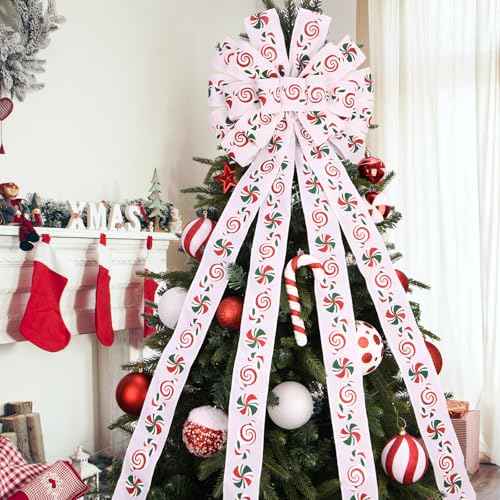 Christmas Tree Topper Christmas Wreath Bow 48x13 Inches Large White Christmas Toppers Bow with Candy Patterned Ribbon Glitter Satin Streamers for Xmas Tree Home Indoor Outdoor Decoration