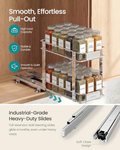 SONGMICS Silver 2-Tier Pull-Out Spice Rack Organizer - Thick Steel, Adjustable