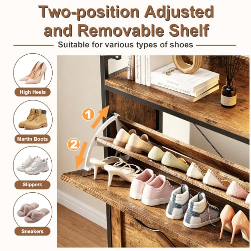 HIGDBFE 41.3W Shoe Cabinet with Flip Drawers, Coat Rack & LED Lighting