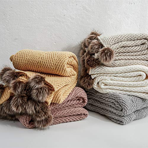 51x63 Inch Knit Throw Blanket with Pom Poms - Super Soft Warm Cozy Couch & Sofa Accessory Beige Apricot - VCTOPS