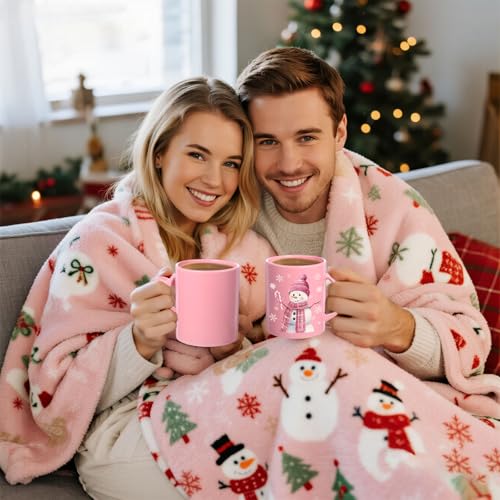 Pink Christmas Mug Set of 6, 10 oz Ceramic Holiday Coffee Cups - Festive Decor