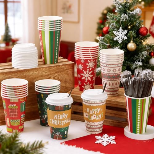 Sunnychicc 60 Sets Christmas Disposable Coffee Cups with Lids, 16 oz, Holiday Party Drinkware