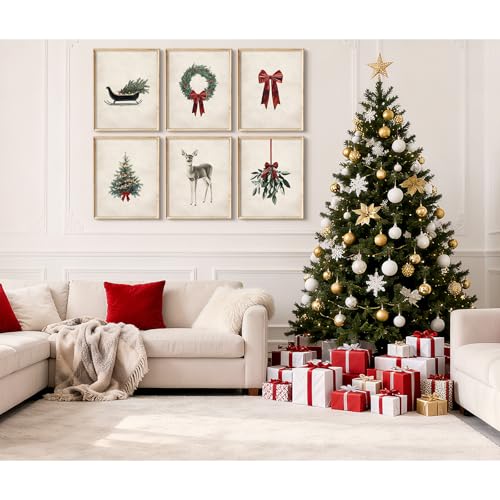 SYYANKK 12x16 Inch Unframed Vintage Christmas Wall Art Set - Rustic Holiday Canvas Prints