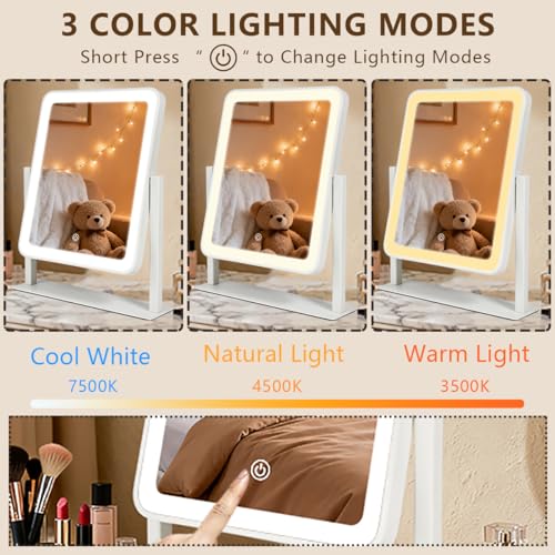 Vanity Mirror with Lights 14x12 inches White LED Makeup Mirror 3 Color Modes