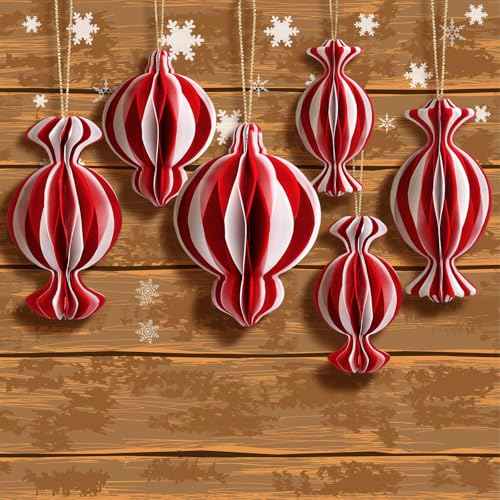 6 Pcs Christmas Ornaments Candy Paper Honeycomb Ornaments 3D Red White Hanging Decor Craft Balls for Christmas Tree Holiday Party Home Decoration