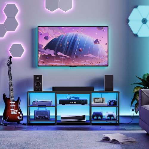 55.1 Inch LED TV Stand with Charging Station and Open Storage - Black