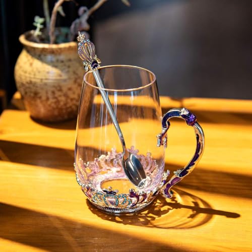 SWTHONY 12OZ Glass Fancy Tea Cup Mug with Spoon European Style Carved Flowers Gift Box