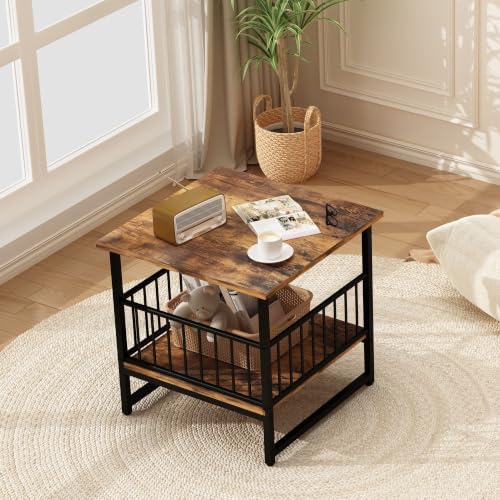 DHMAKER End Table, Industrial Side Table with 2-Tire Storage Shelf,