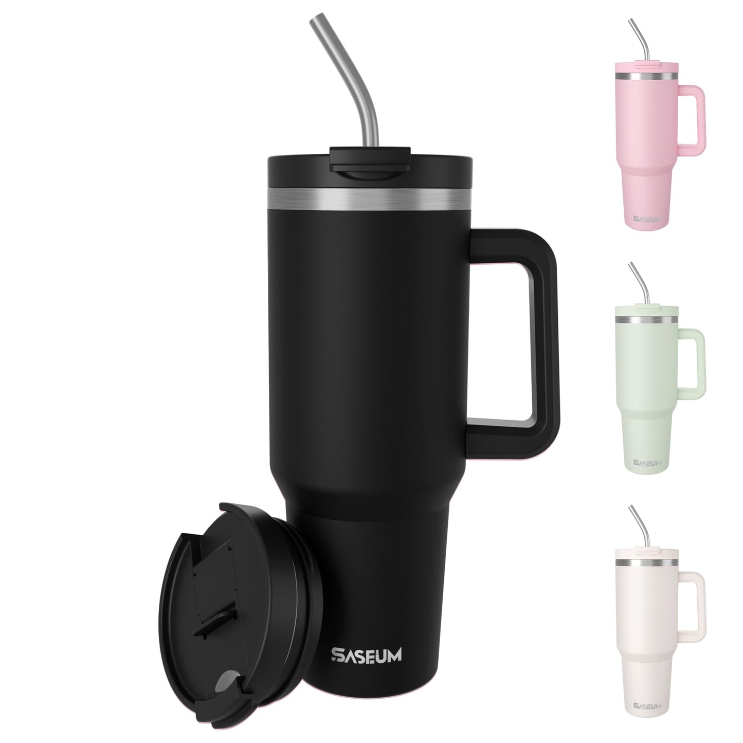 SASEUM 40 oz Tumbler with Handle and Straw, 2-in-1 Sip & Straw Lid, Vacuum Insulated Stainless Steel Travel Mug, Cup Holder Friendly, Black