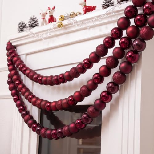 Jenaai 3-Pack Burgundy Christmas Ball Garland with Cherry Red Variation, 6ft Shatterproof Ornaments