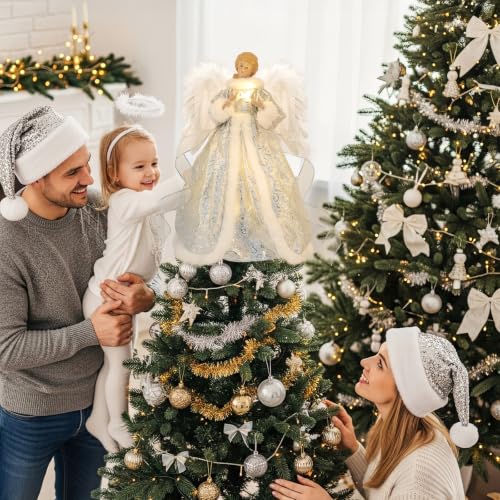 HOHOTIME Silver 14'' Angel Tree Topper with White Feather Wings & LED Light