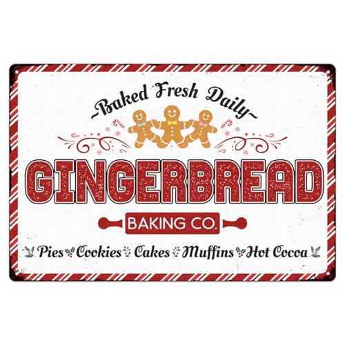 Christmas Metal Signs Gingerbread Baking Co Tin Sign Vintage Print Art Poster Ornaments for Home Kitchen Patio Yard Office Cafe Coffee Bar Front Door Porch Wall Decor Xmas Novelty Gift 8X12 Inch