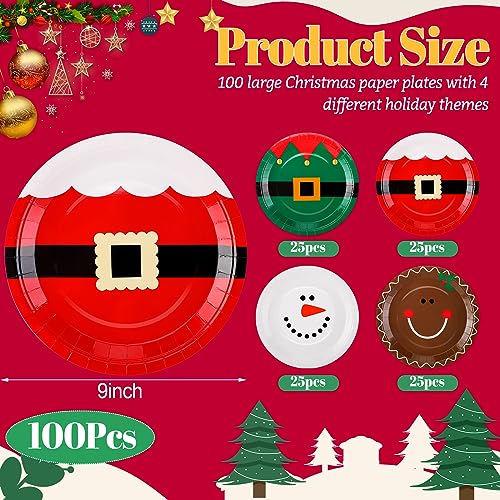 Uiifan 200 Pack Christmas Paper Plates 9 Inch Santa Gingerbread Snowman Festive Theme