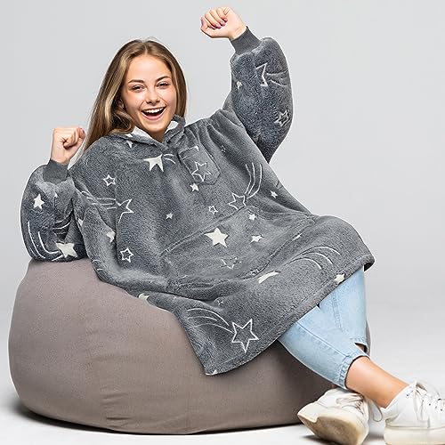 PAVILIA Glow Star Gray Fleece Sherpa Wearable Blanket Hoodie for Kids