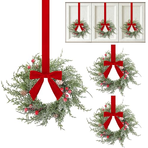 Aneco 6 Pcs Small Christmas Norfolk Wreaths with Red Velvet Bows - Holiday Door & Window Decor