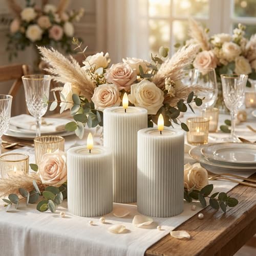 Cream Beige Fluted LED Pillar Candles Set of 3 - Flameless Dimmable Remote