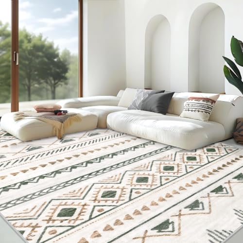 Aoyaomi 6x9 ft Washable Boho Moroccan Area Rug, Non-Slip Geometric Floor Carpet for Living Room & Bedroom, Brown/Green