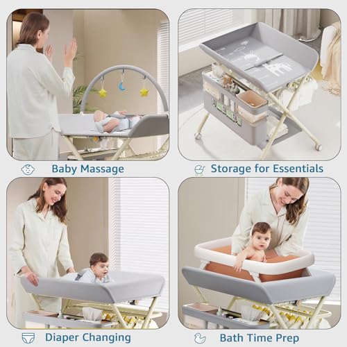 Portable Baby Changing Table with Wheels - Grey, 5-Level Adjustable Height & Large Storage