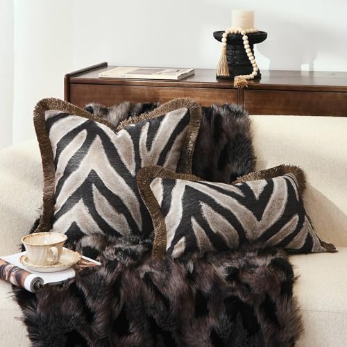 Zebra Throw Pillow Cover with Brown Fringe 18x18 Inch - Jacquard Safari Pattern - Pack of 1 - Variation of Zebra Stripes