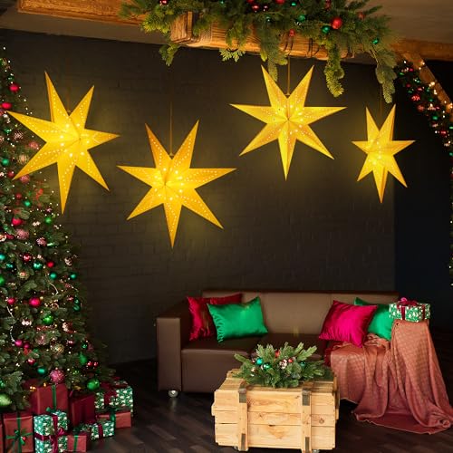 Hiboom 4 Pack 24 Inch Paper Star Lanterns with 8 Mode LED String Lights for Indoor Outdoor Decor, Wedding, Christmas, Party