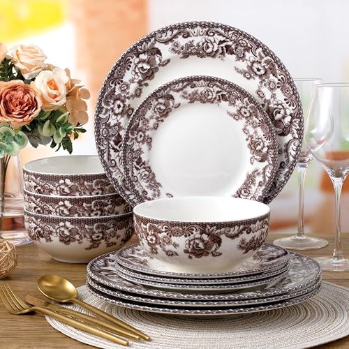 Joseph Sedgh Collection Montana Chip-Resistant Porcelain Dinnerware Set 12-Piece Brown Floral
