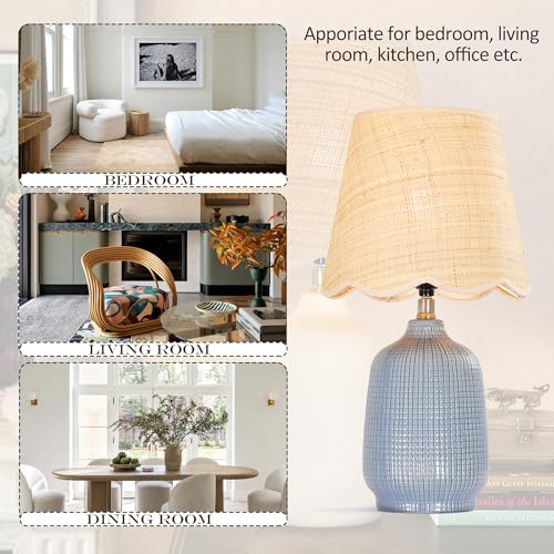 Navy Blue Ceramic Table Lamp with Rattan Shade - Modern 19" Desk Light for Living Room & Bedroom