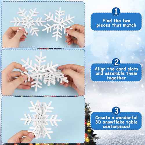 CCINEE 8pcs Christmas Wooden Snowflake Decoration Winter Snowflake Tabletop Sign White 3D Snowflake Tabletop Decor Glitter Snowflake Centerpiece for Xmas Wooderland Party Home Decoration