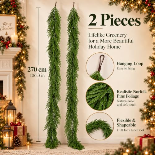 YIGETREE 2 Pack 8.9 Ft Norfolk Pine Garland - Real Touch Artificial Greenery, 270cm Each