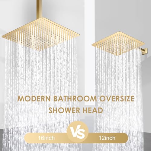 16 Inch Square Brushed Gold Rain Shower Head Ceiling Mount - All Metal Stainless Steel, Waterfall Bathroom Square Showerhead