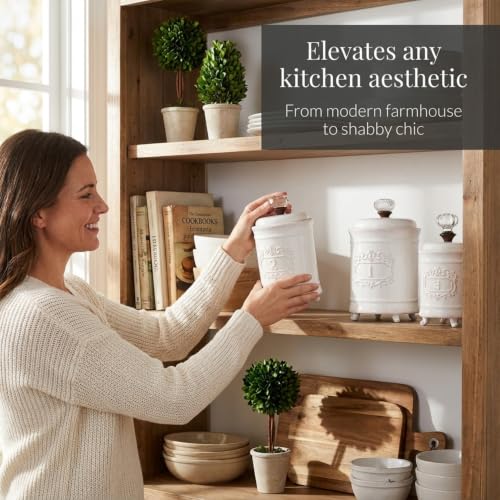 Mud Pie Kitchen Canister Set of 3 - White Ceramic Food Storage with Doorknob Lids