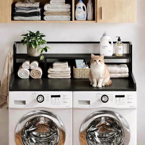2-Tier Laundry Countertop with Hooks - 54 x 27.5 Inches, Black Finish